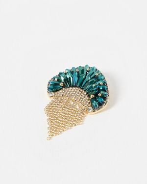 Oliver Bonas Meduza Bead & Chain Mail Tassel Gold Tone Brooch - Blue