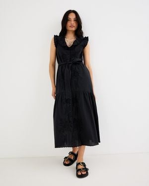 Oliver Bonas Floral Embroidered Frill Collar Tiered Midi Dress, Size 10 - Black
