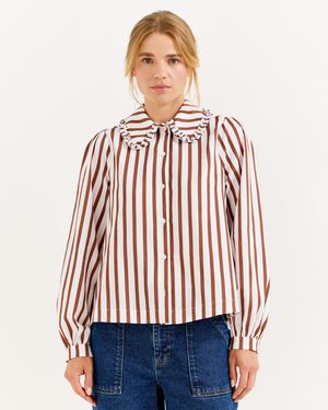 Oliver Bonas Mocha Brown & White Striped Frill Collar Cotton Shirt, Size 8 - Red