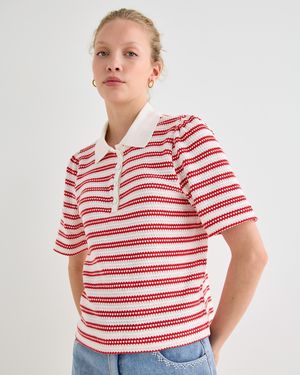 Oliver Bonas White & Red Stripe Pointelle Short Sleeve Polo Top, Size 10