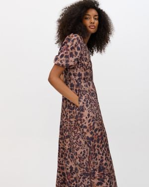 Oliver Bonas Animal Print V-neck Puff Sleeve Midi Dress, Size 6 - Brown