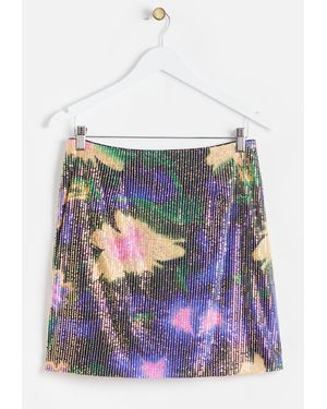 Oliver Bonas Abstract Floral Purple Sequin Mini Skirt, Size 14 - White