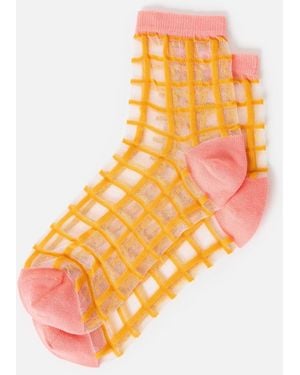 Oliver Bonas Peach & Yellow Checked Sheer Ankle Socks - Orange