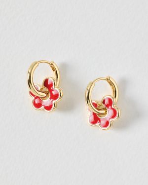 Oliver Bonas Dara Enamel Flower Charm Hoop Earrings - Red