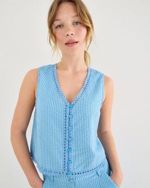 Oliver Bonas Striped Embroidered V-neck Waistcoat, Size 10 - Blue
