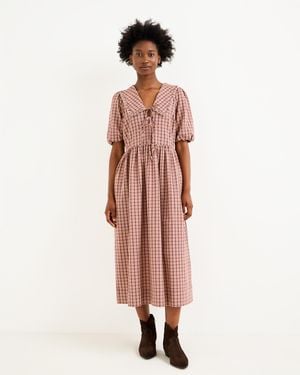 Oliver Bonas & Brown Checked Frill Collar Tie Front Midi Dress, Size 10 - Pink