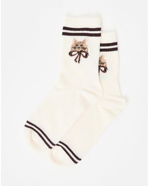 Oliver Bonas Ecru Cream Cat Ribbed Sporty Ankle Socks - White