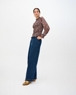 Oliver Bonas Dark Denim Pleat Waist Wide Leg Jeans, Size 6 - Blue