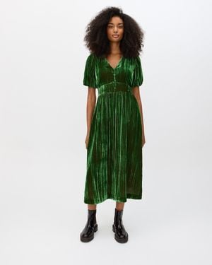 Oliver Bonas Velvet V-neck Puff Sleeve Midi Dress, Size 6 - Green