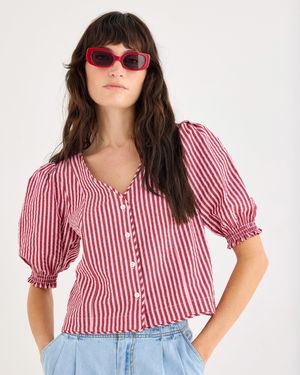 Oliver Bonas & Burgundy Striped Seersucker Puff Sleeve Blouse, Size 10 - Red