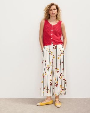 Oliver Bonas Cream & Green Striped Tomato Print Wide Leg Culotte Trousers, Size 6 - White