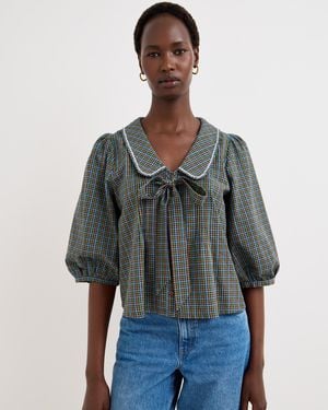 Oliver Bonas Blue & Green Checked Collar Tie Front Cotton Blouse, Size 10 - Grey