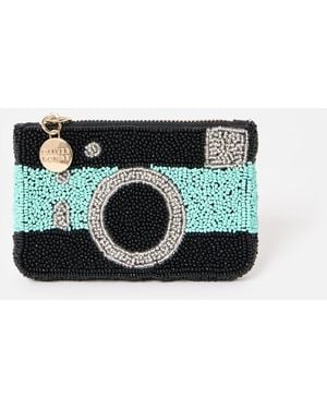 Oliver Bonas Mint & Black Camera Beaded Zipped Pouch - Green