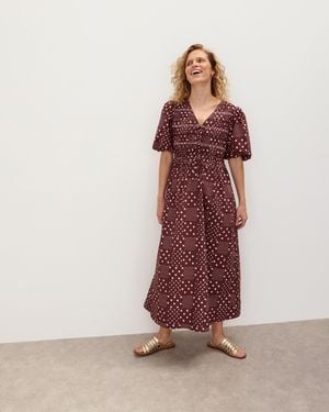 Oliver Bonas Chocolate & Pink Polka Dot Puff Sleeve Midi Dress, Size 6 - Red