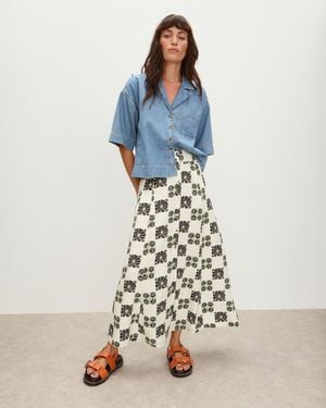 Oliver Bonas Ecru Cream & Black Floral Tile Print Button Through Midi Skirt, Size 6 - Blue