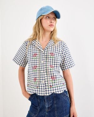 Oliver Bonas Cream & Gingham Embroidered Short Sleeve Cotton Shirt, Size 10 - White