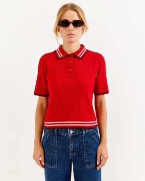 Oliver Bonas Ribbed Short Sleeve Knitted Polo Top, Size 10 - Red