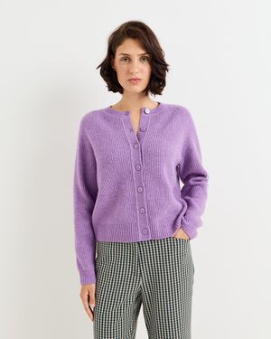 Oliver Bonas Fisherman Rib Crew Neck Knitted Cardigan, Size 10 - Purple