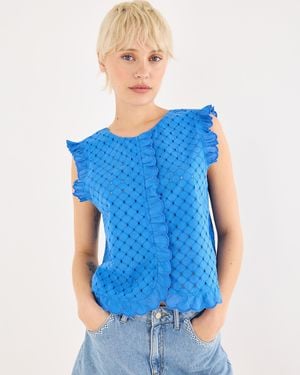 Oliver Bonas Cobalt Broderie Frill Sleeveless Top, Size 10 - Blue