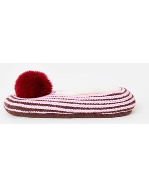 Oliver Bonas Pink & Brown Striped Knitted Pom Pom Slippers - Red