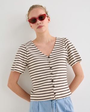 Oliver Bonas & Cream Striped Pointelle Cotton Button Up Top, Size 12 - Brown