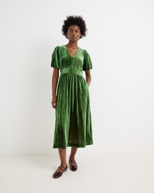 Oliver Bonas Velvet V-neck Puff Sleeve Midi Dress, Size 20 - Green