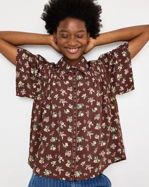Oliver Bonas Chocolate Floral Short Sleeve Blouse, Size 10 - Brown