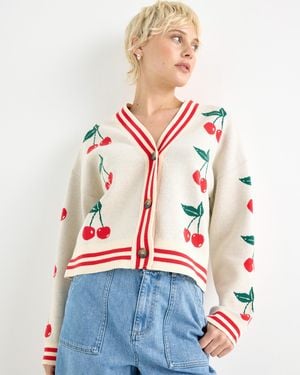 Oliver Bonas Cherry V-neck Knitted Cardigan, Size 10 - White