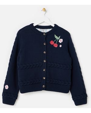 Oliver Bonas Cherry Embroidered Lined Knitted Jacket, Size 10 - Blue