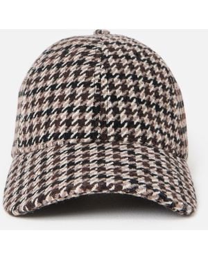 Oliver Bonas Brown Houndstooth Wool Blend Cherry Motif Cap Hat - White