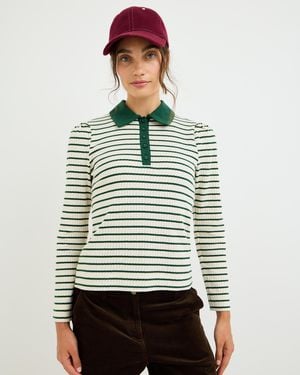 Oliver Bonas Cream & Striped Pointelle Long Sleeve Cotton Polo Neck Top, Size 10 - Green