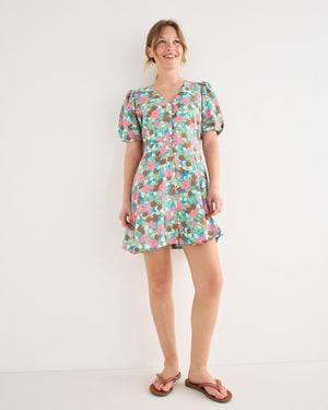 Oliver Bonas Blue & Floral V-neck Puff Sleeve Mini Dress, Size 10