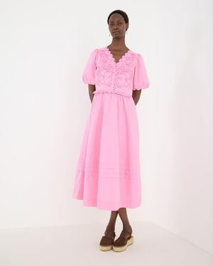 Oliver Bonas Floral Embroidered Puff Sleeve Midi Dress, Size 10 - Pink