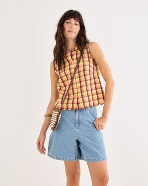 Oliver Bonas Yellow & Brown Checked Button Up Scalloped Blouse, Size 10 - Blue