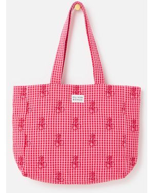 Oliver Bonas Red & Gingham Cherry Embroidered Quilted Tote Bag - Pink