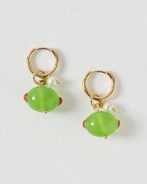 Oliver Bonas Adelaide Olive & Faux Pearl Charm Drop Hoop Earrings - Green