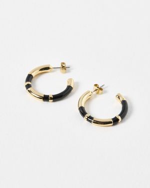 Oliver Bonas Blossom Black & Gold Tone Enamel Hoop Earrings - Metallic