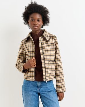 Oliver Bonas Cream & Brown Checked Zip Through Jacket, Size 10 - Blue