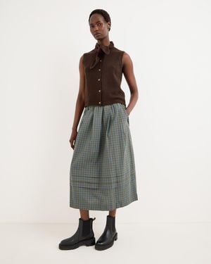 Oliver Bonas Blue & Green Checked Elasticated Waist Cotton Midi Skirt, Size 10 - Multicolour