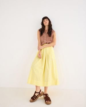 Oliver Bonas Gingham Elasticated Waist Midi Skirt, Size 10 - Natural