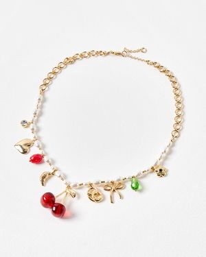 Oliver Bonas Fruit, Croissant & Charm Faux Pearl Necklace - Multicolour