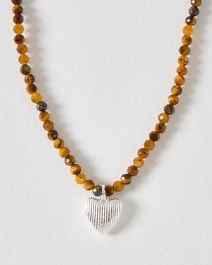 Oliver Bonas Hestia Tiger's Eye Engraved Heart Beaded Silver Pendant Necklace - Metallic