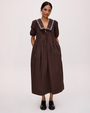 Oliver Bonas Chocolate Gingham Collar Cotton Midi Dress, Size 6 - Brown