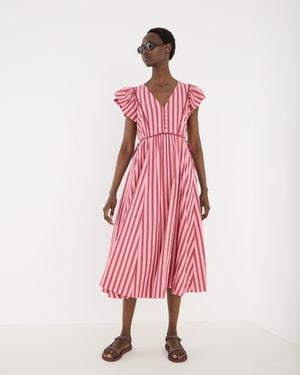 Oliver Bonas Burgundy & Striped Tie Waist Cotton Midi Dress, Size 14 - Pink
