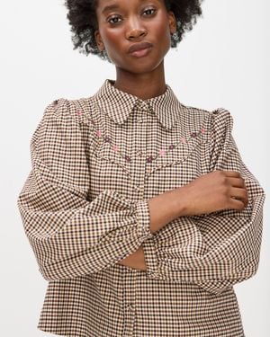 Oliver Bonas Checked Floral Embroidered Shirt, Size 6 - Brown