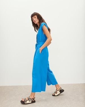 Oliver Bonas V Neck Tie Waist Cropped Jumpsuit - Blue