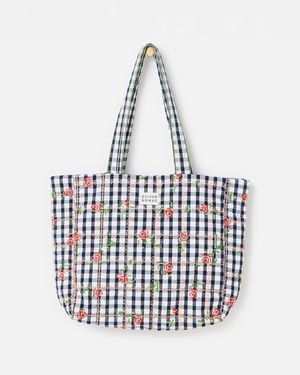 Oliver Bonas Blue Gingham Rose Embroidered Quilted Tote Bag - White