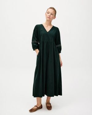 Oliver Bonas Dark Corduroy Embroidered Sleeve V-neck Midi Dress, Size 6 - Black