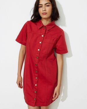 Oliver Bonas Denim Button Up Mini Shirt Dress, Size 6 - Red