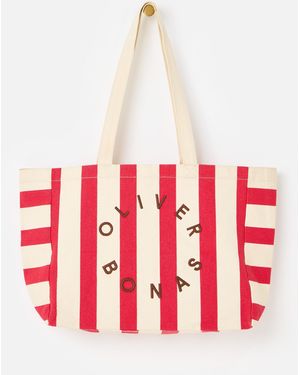 Oliver Bonas & Cream Striped Logo Fabric Tote Shopper Bag - Red